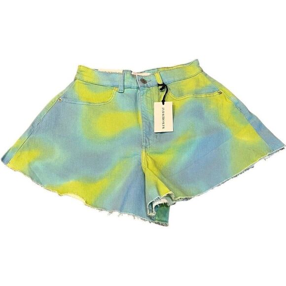 WeWoreWhat Ladies Size 25 Flare Bell Short Denim Tie Dye Shorts Blue Green.NWT - Picture 1 of 5